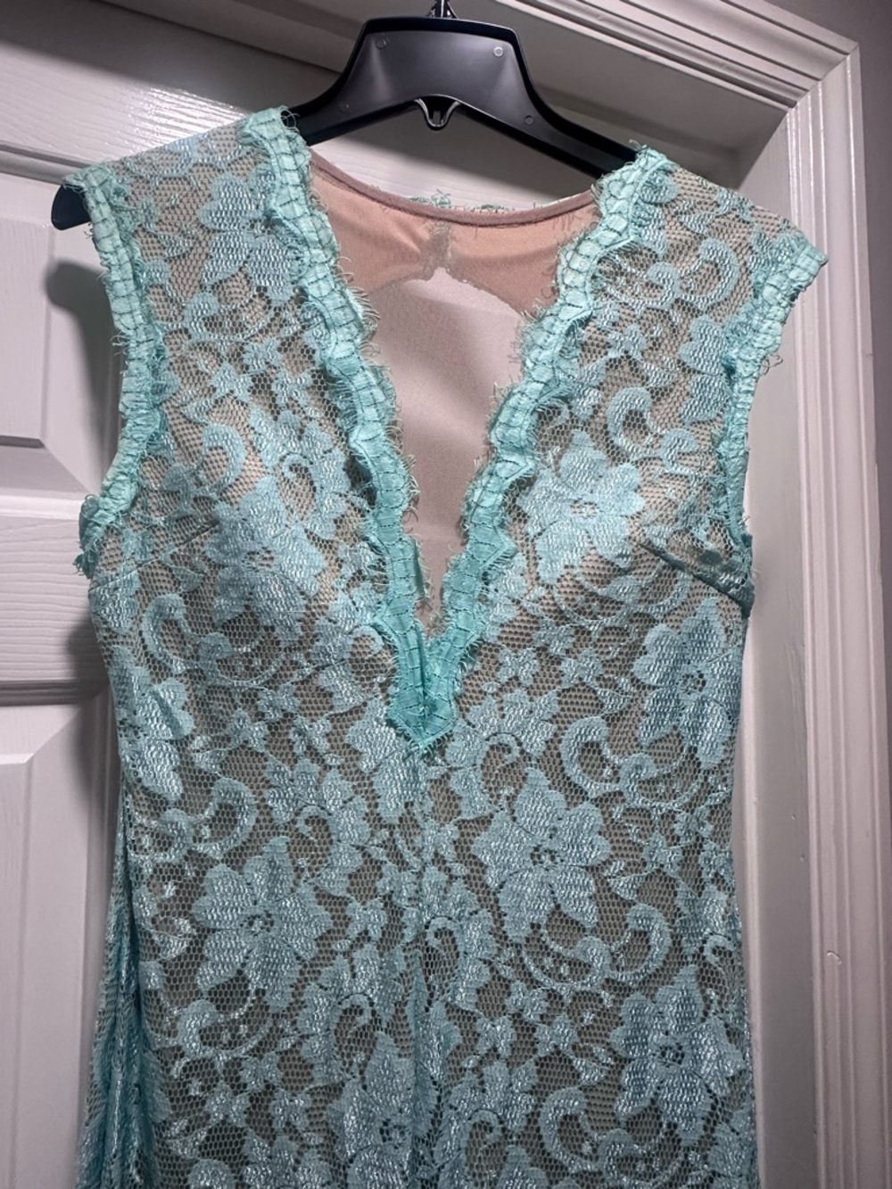 B Darlin Aqua Lace Maxi Dress with Nude Lining